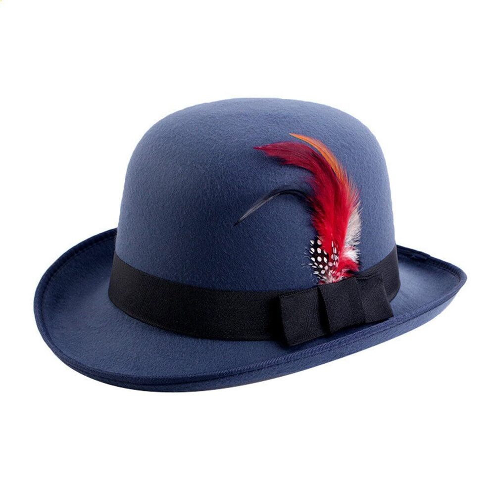 9386 Classic Fedora Hat with Feather Bowler Dome Hard Faux Woolen Top Hat
